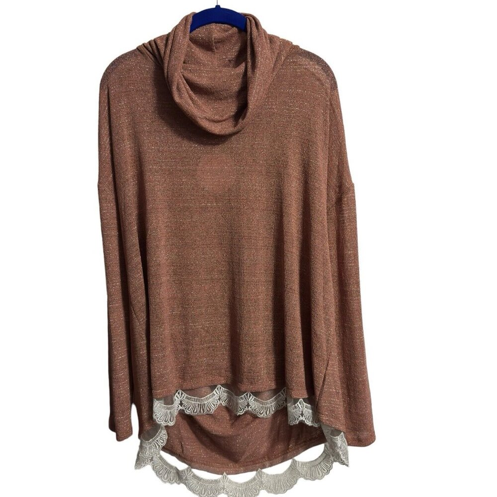 Umgee Womens Top Med Brown Striped Lace Trim Long Sleeve Cowl Neck‎ New